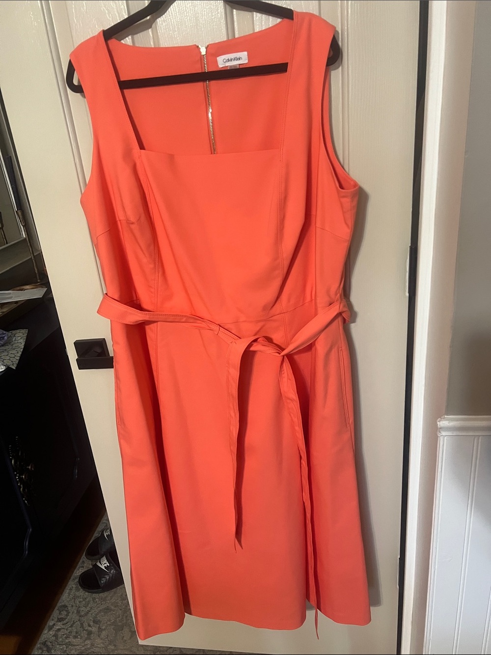 Calvin Klein Coral Square-Neck Midi Dress with Waist Tie